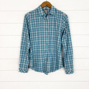 Stio Blue Plaid Western Snap Button Down Shirt Nylon Polyester Medium